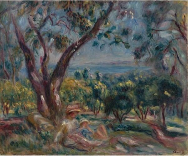 Paysage A Cagnes Avec Femme Et Enfant