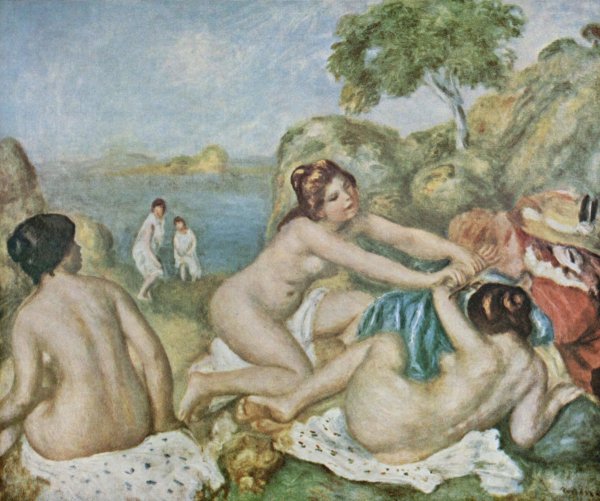 Three girls bathing with crab