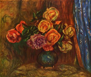 Still life, roses before blue curtain